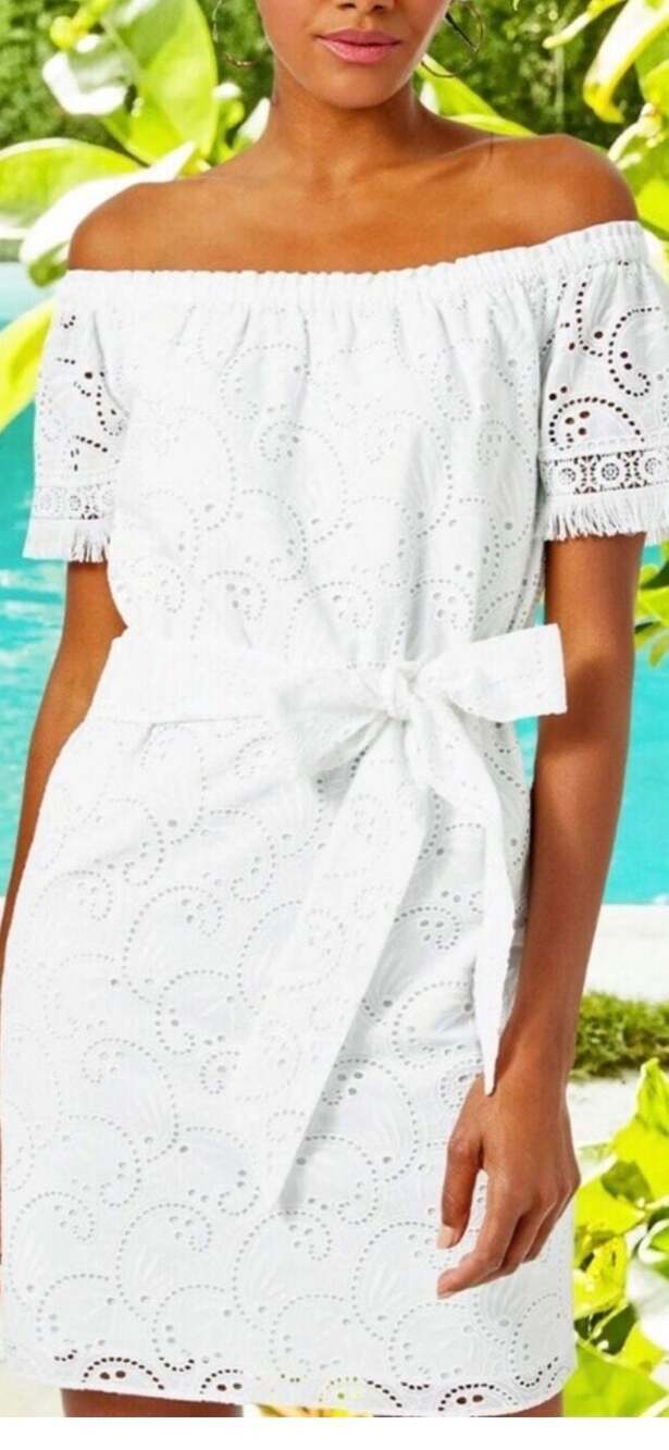 Lilly Pulitzer Shanelle Swirl Eyelet Dress with Belt XS White Summer Resort Chic